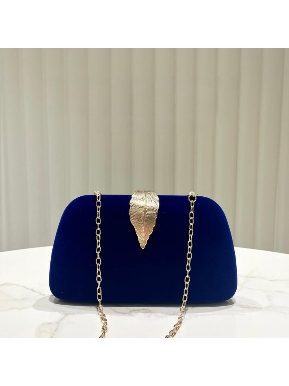 Women's Blue Elegant Clutch Purse Metallic Leaves Clasp Banquet Evening Bag - Picture 3 of 4